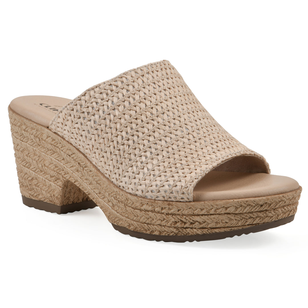 Angle view of a natural raffia wedge sandal with a braided rope-style sole