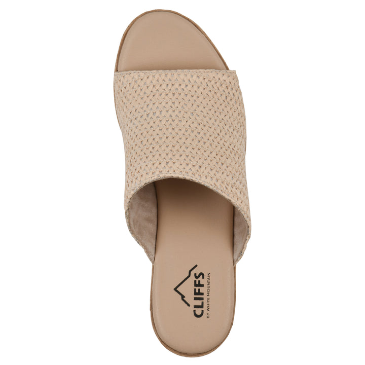 Top view of a natural raffia wedge sandal with a braided rope-style sole