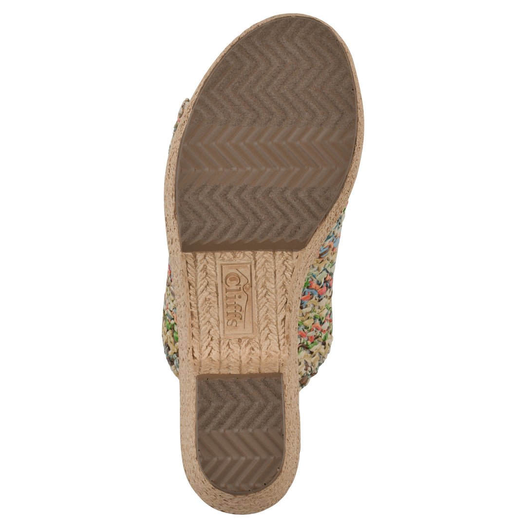 Sole view of a multicolor raffia wedge sandal with a braided rope-style sole