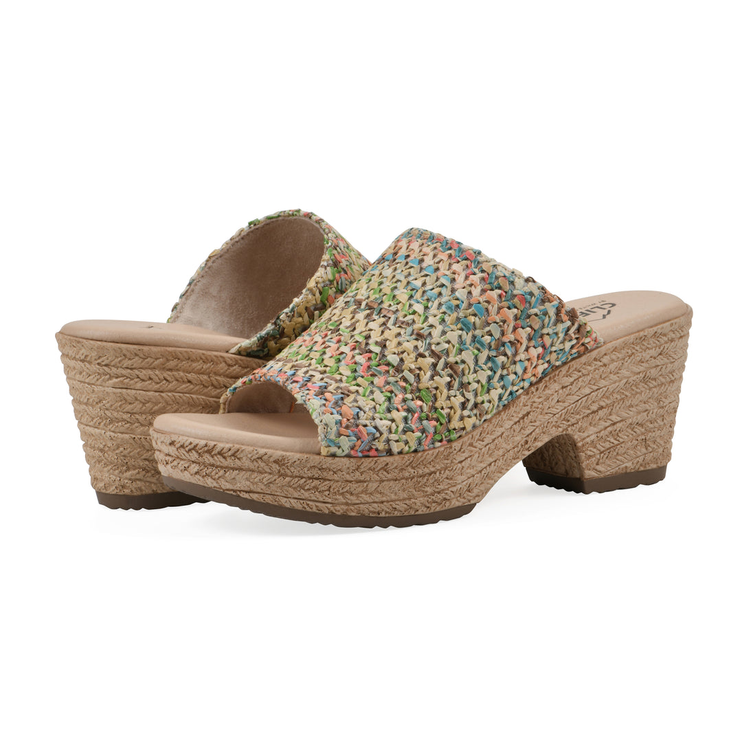 Angle view of a pair of multicolor raffia wedge sandals with a braided rope-style sole
