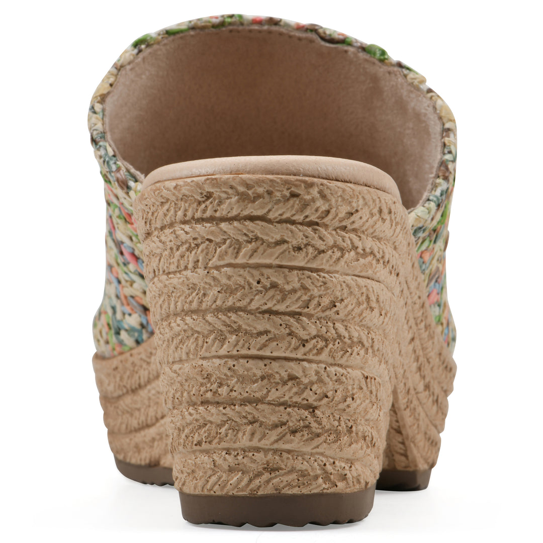 Rear view of a multicolor raffia wedge sandal with a braided rope-style sole