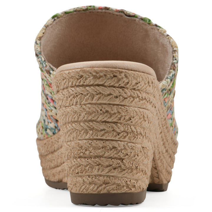 Rear view of a multicolor raffia wedge sandal with a braided rope-style sole