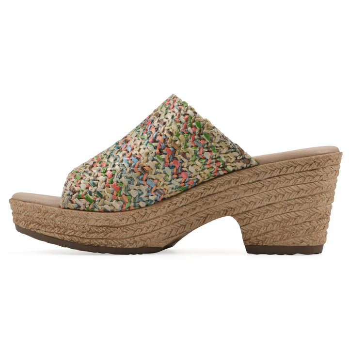 Side view of a multicolor raffia wedge sandal with a braided rope-style sole
