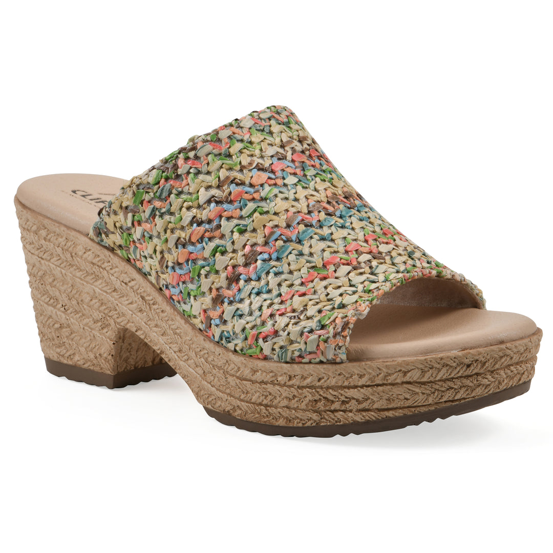 Angle view of a multicolor raffia wedge sandal with a braided rope-style sole