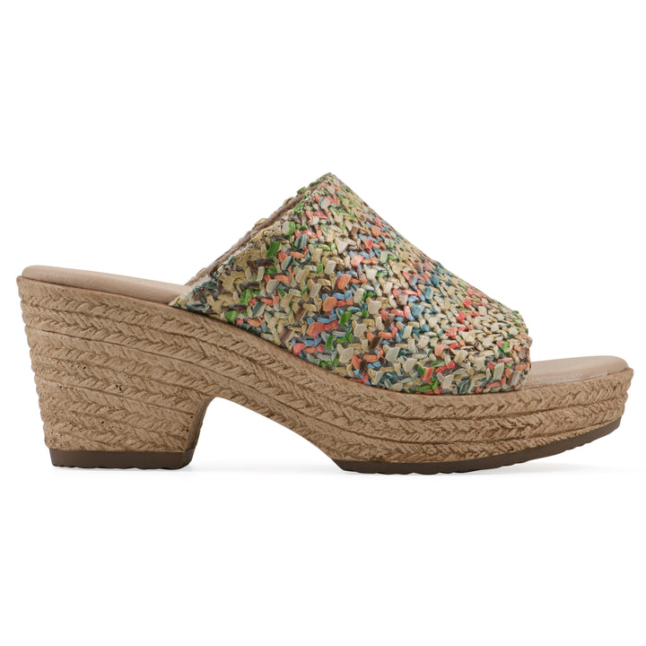 Side view of a multicolor raffia wedge sandal with a braided rope-style sole