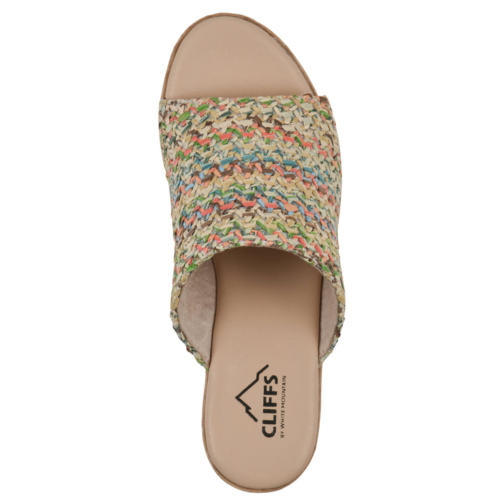 Top view of a multicolor raffia wedge sandal with a braided rope-style sole