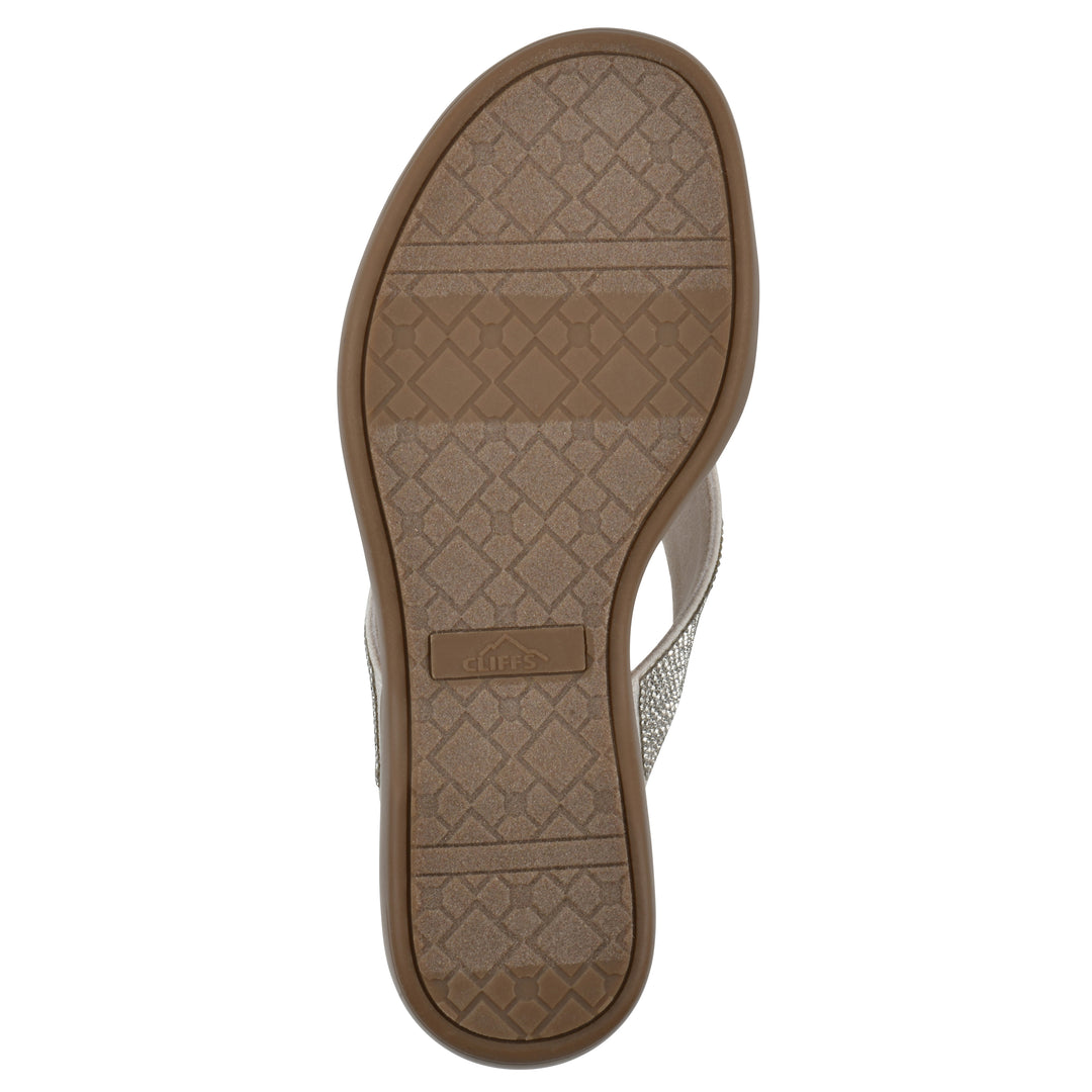Sole view of a cushioned thong sandal with low-sheen textured ecru straps and a tan sole 