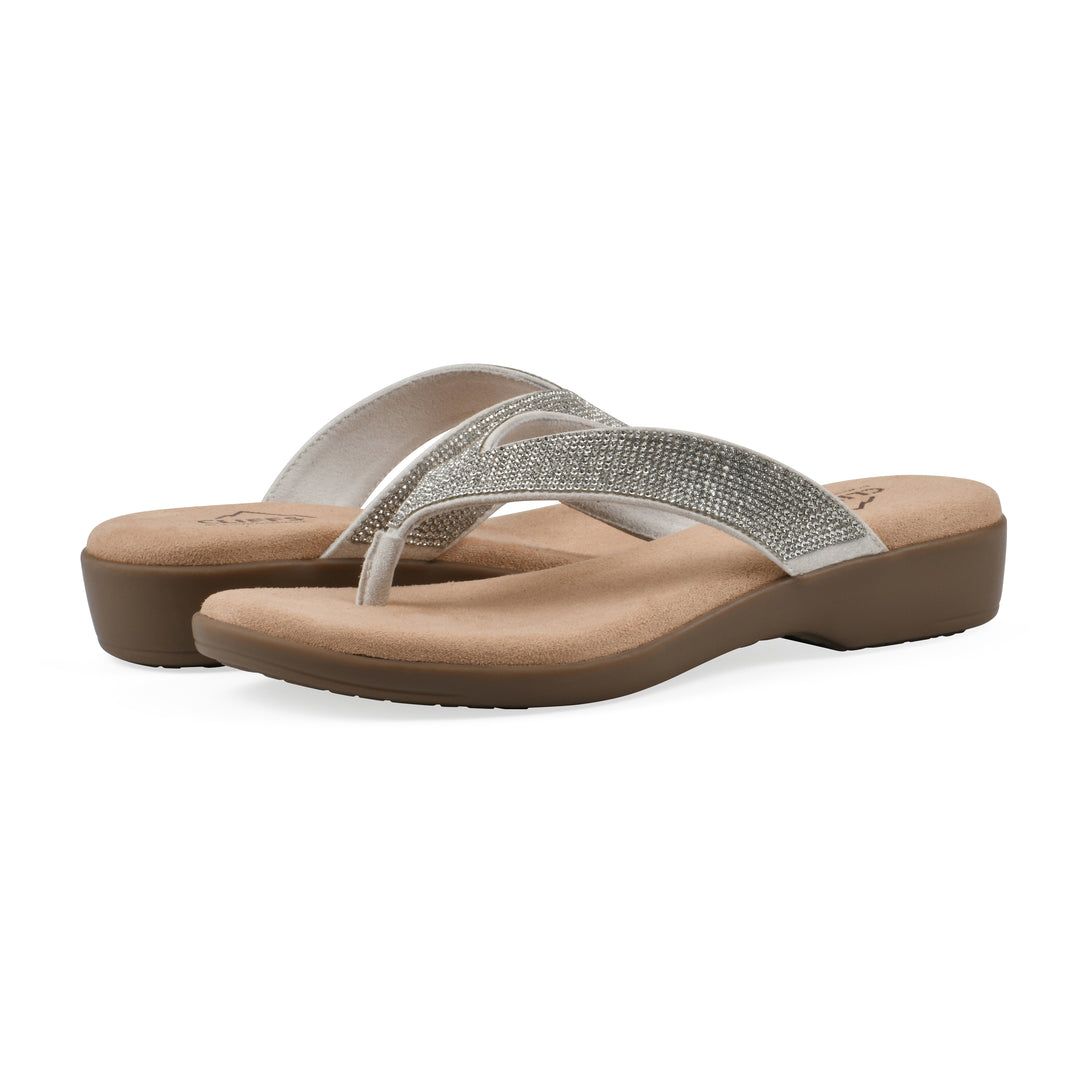 Angle view of a pair of cushioned thong sandals with low-sheen textured ecru straps and a tan sole 
