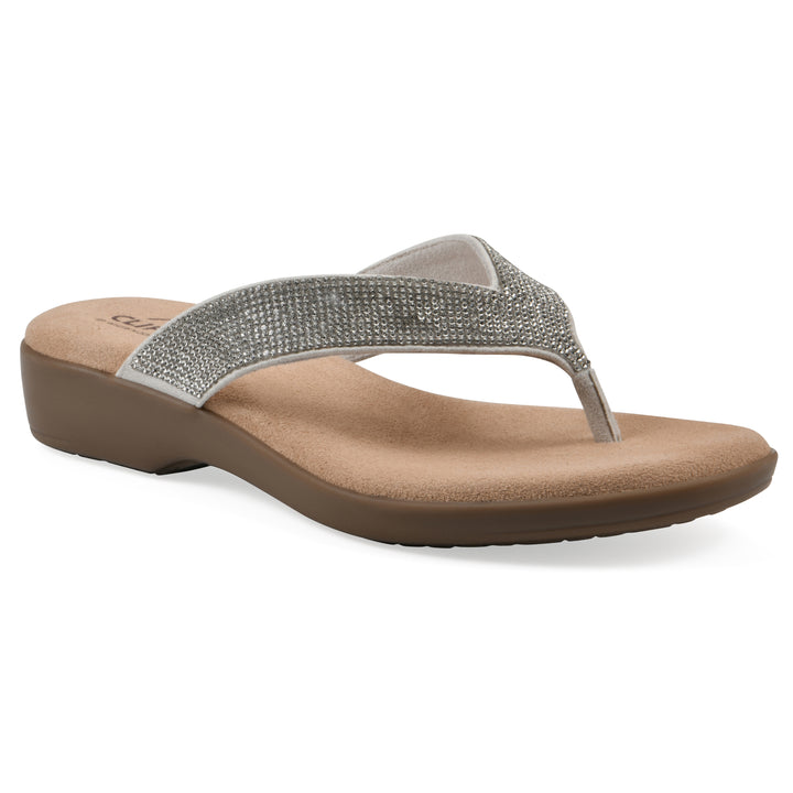 Angle view of a cushioned thong sandal with low-sheen textured ecru straps and a tan sole 