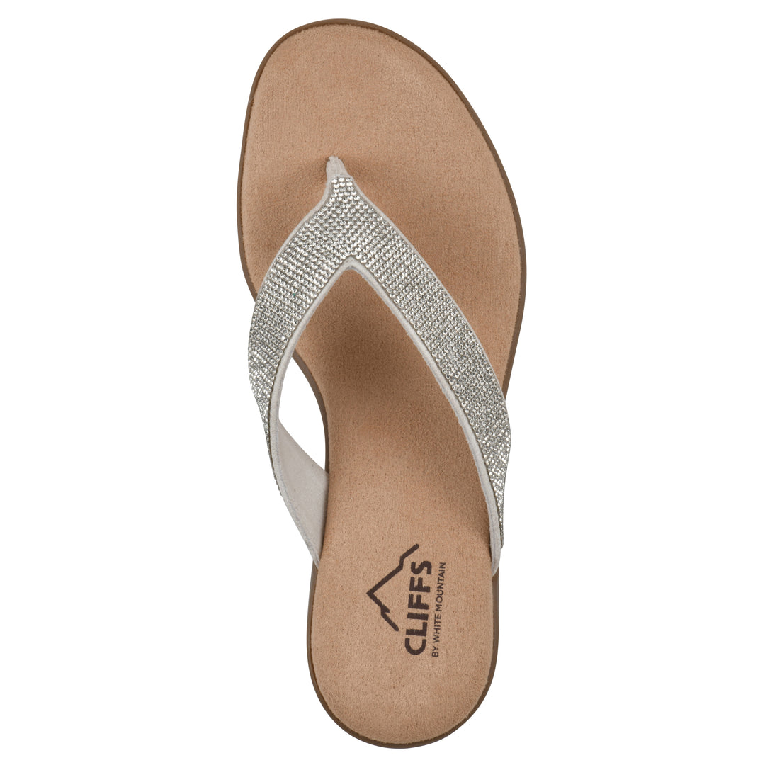 Top view of a cushioned thong sandal with low-sheen textured ecru straps and a tan sole 