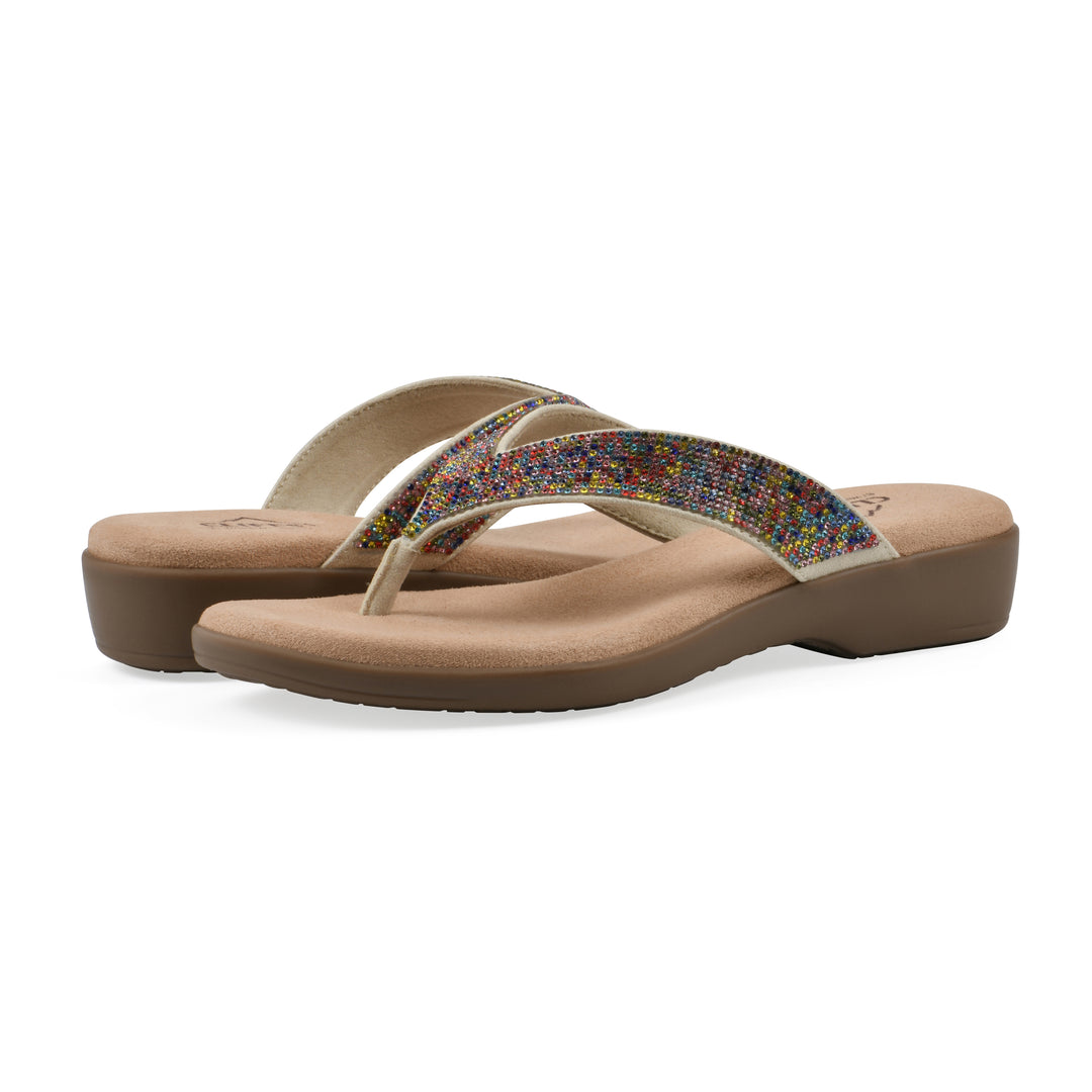 Angle view of a pair of cushioned thong sandals with low-sheen, textured, multi-colored straps and a tan sole 