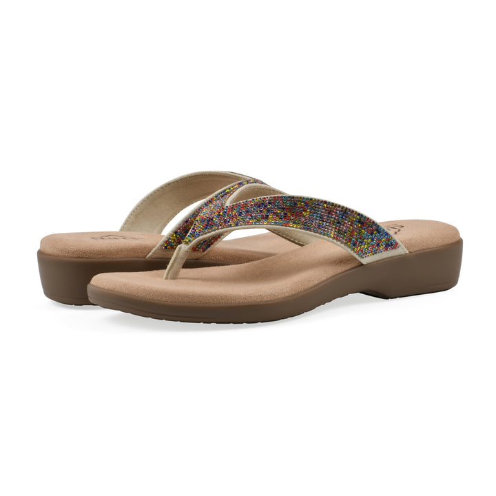 Angle view of a pair of cushioned thong sandals with low-sheen, textured, multi-colored straps and a tan sole 