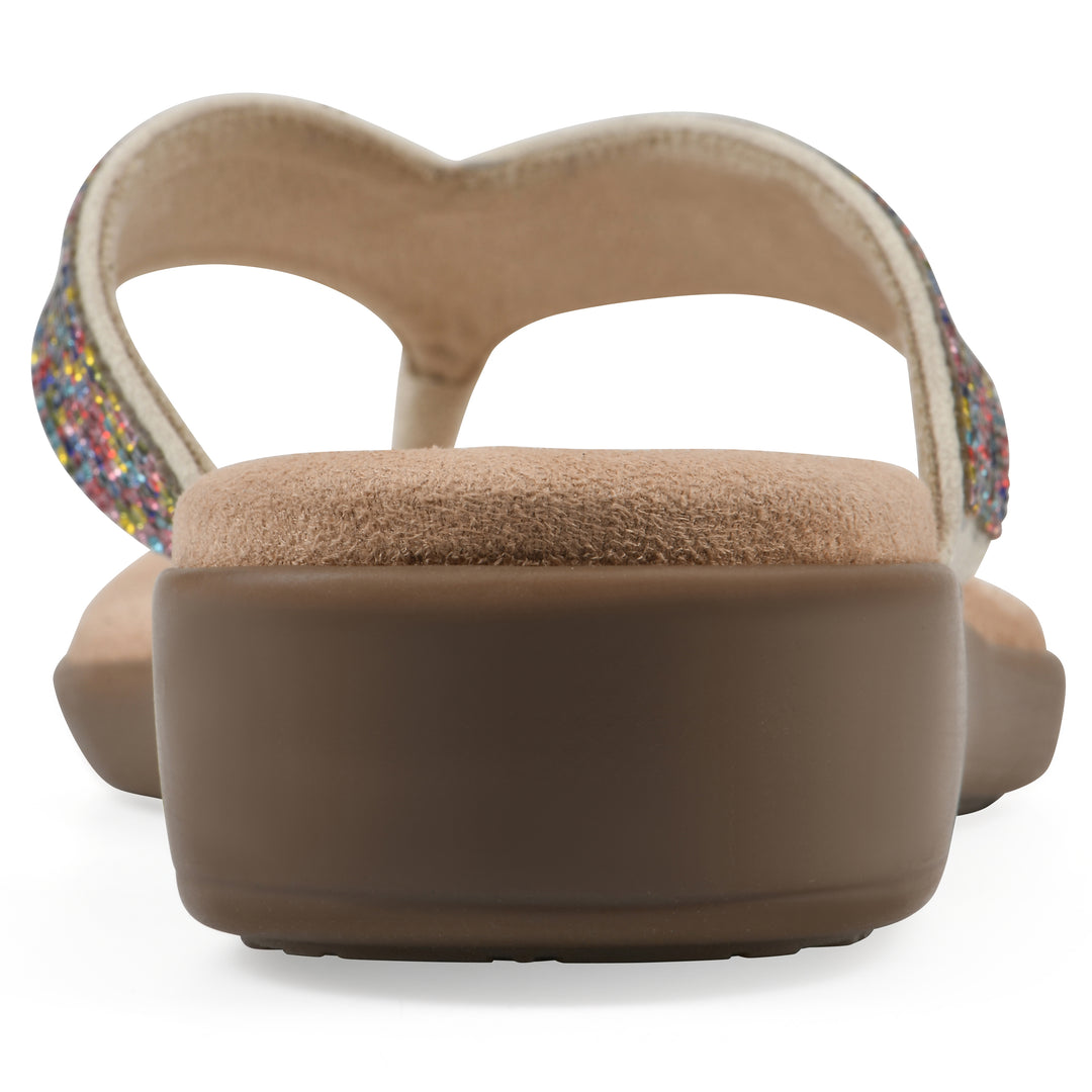 Rear view of a cushioned thong sandal with low-sheen, textured, multi-colored straps and a tan sole 