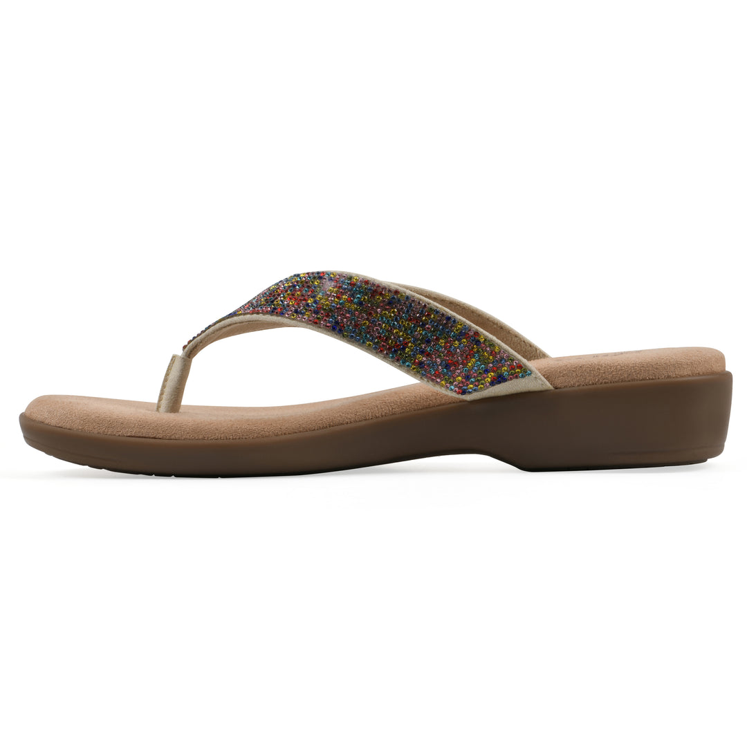 Side view of a cushioned thong sandal with low-sheen, textured, multi-colored straps and a tan sole 