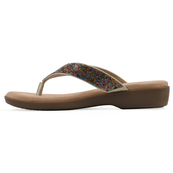 Side view of a cushioned thong sandal with low-sheen, textured, multi-colored straps and a tan sole 