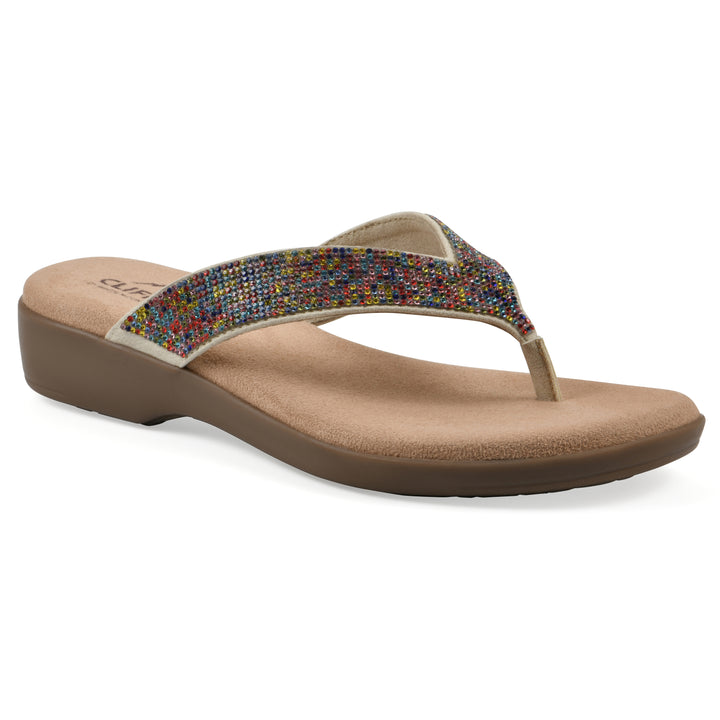Angle view of a cushioned thong sandal with low-sheen, textured, multi-colored straps and a tan sole 