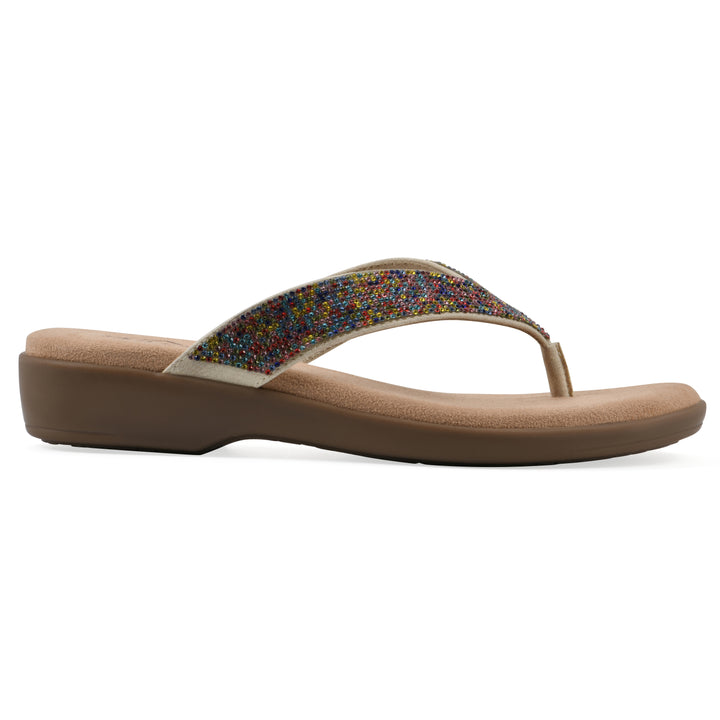 Side view of a cushioned thong sandal with low-sheen, textured, multi-colored straps and a tan sole 