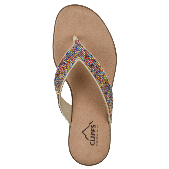 Top view of a cushioned thong sandal with low-sheen, textured, multi-colored straps and a tan sole 