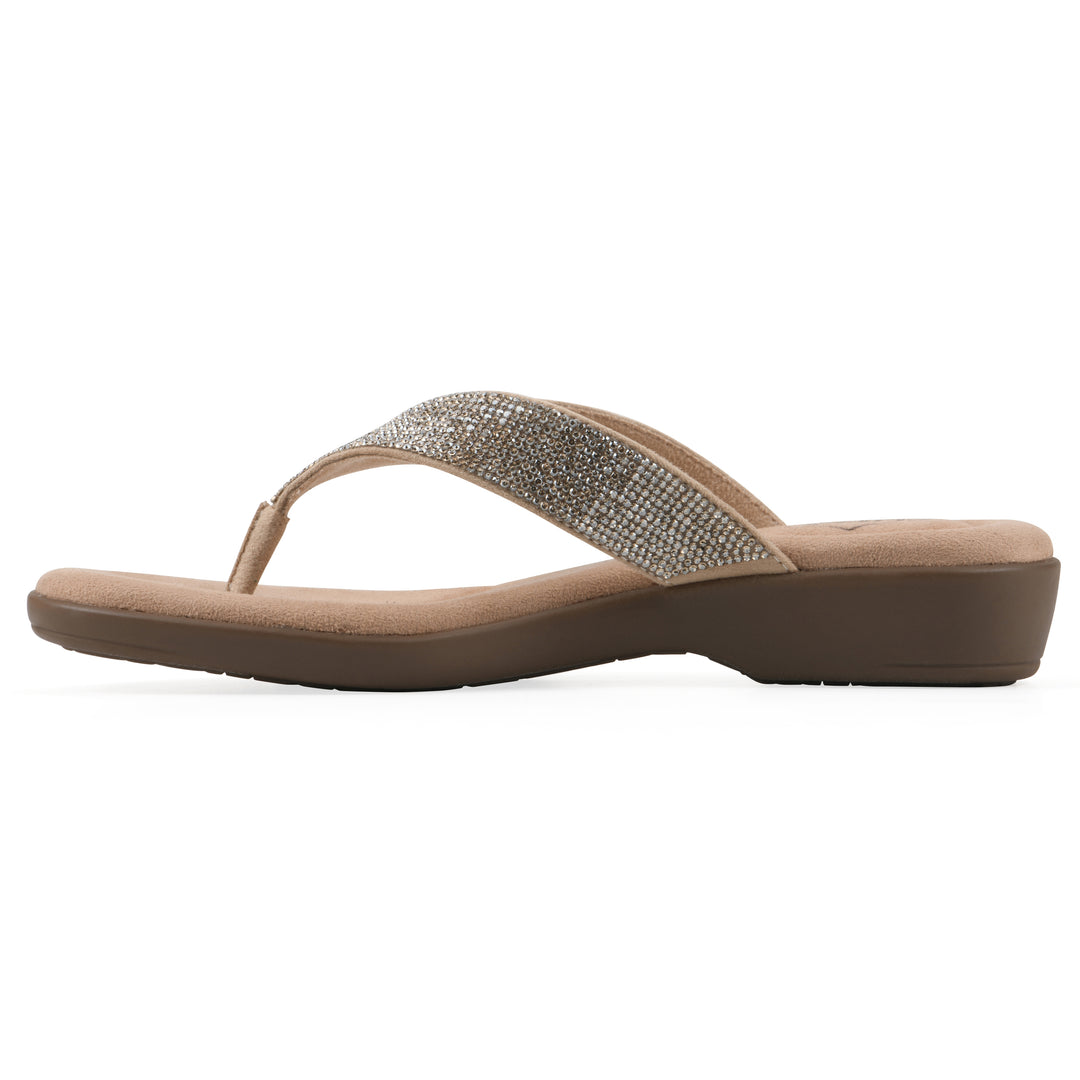 Side view of a cushioned thong sandal with low-sheen textured gold straps and a tan sole 