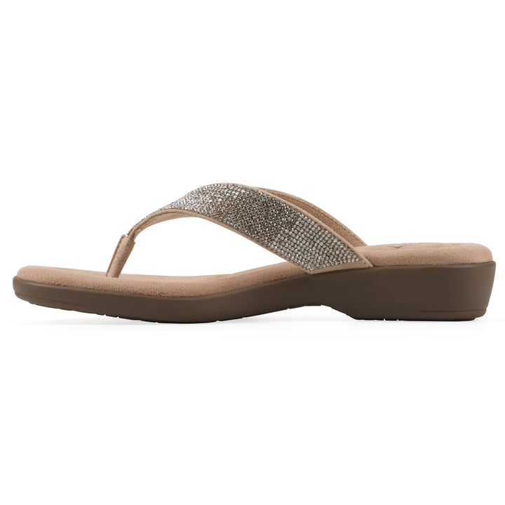 Side view of a cushioned thong sandal with low-sheen textured gold straps and a tan sole 