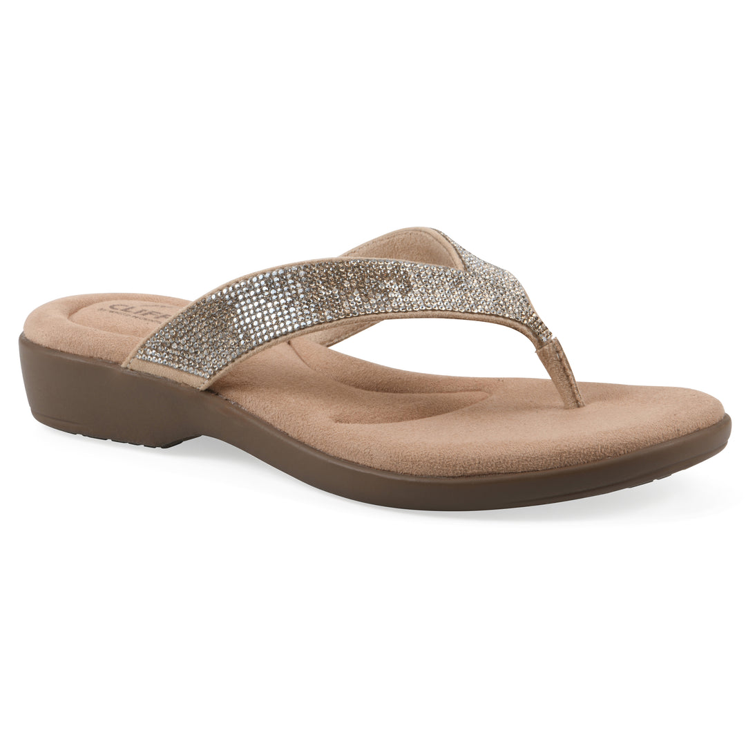 Angle view of a cushioned thong sandal with low-sheen textured gold straps and a tan sole 