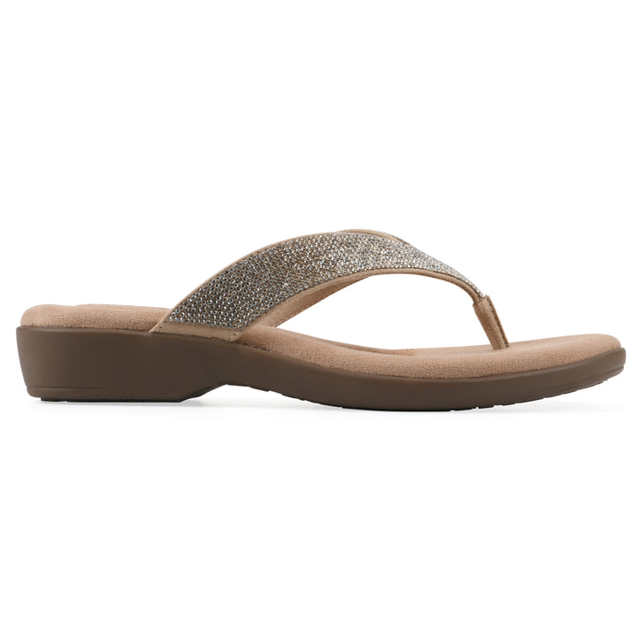 Side view of a cushioned thong sandal with low-sheen textured gold straps and a tan sole 