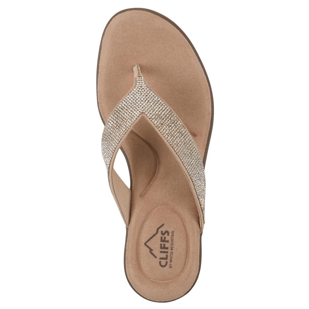 Top view of a cushioned thong sandal with low-sheen textured gold straps and a tan sole 