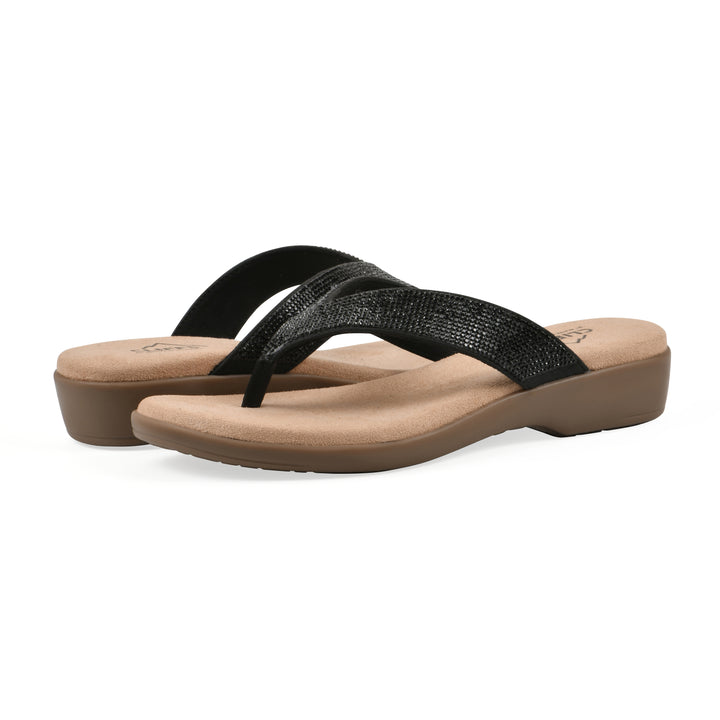 Angle view of a pair of cushioned thong sandals with low-sheen textured black straps and a tan sole 