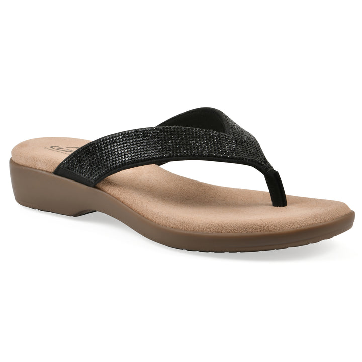 Angle view of a cushioned thong sandal with low-sheen textured black straps and a tan sole 
