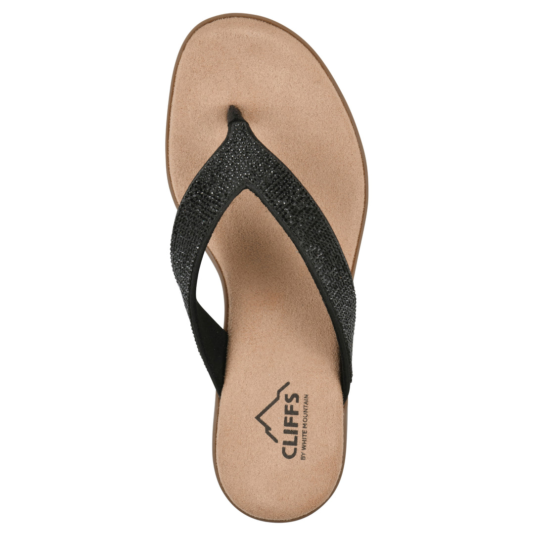 Top view of a cushioned thong sandal with low-sheen textured black straps and a tan sole 