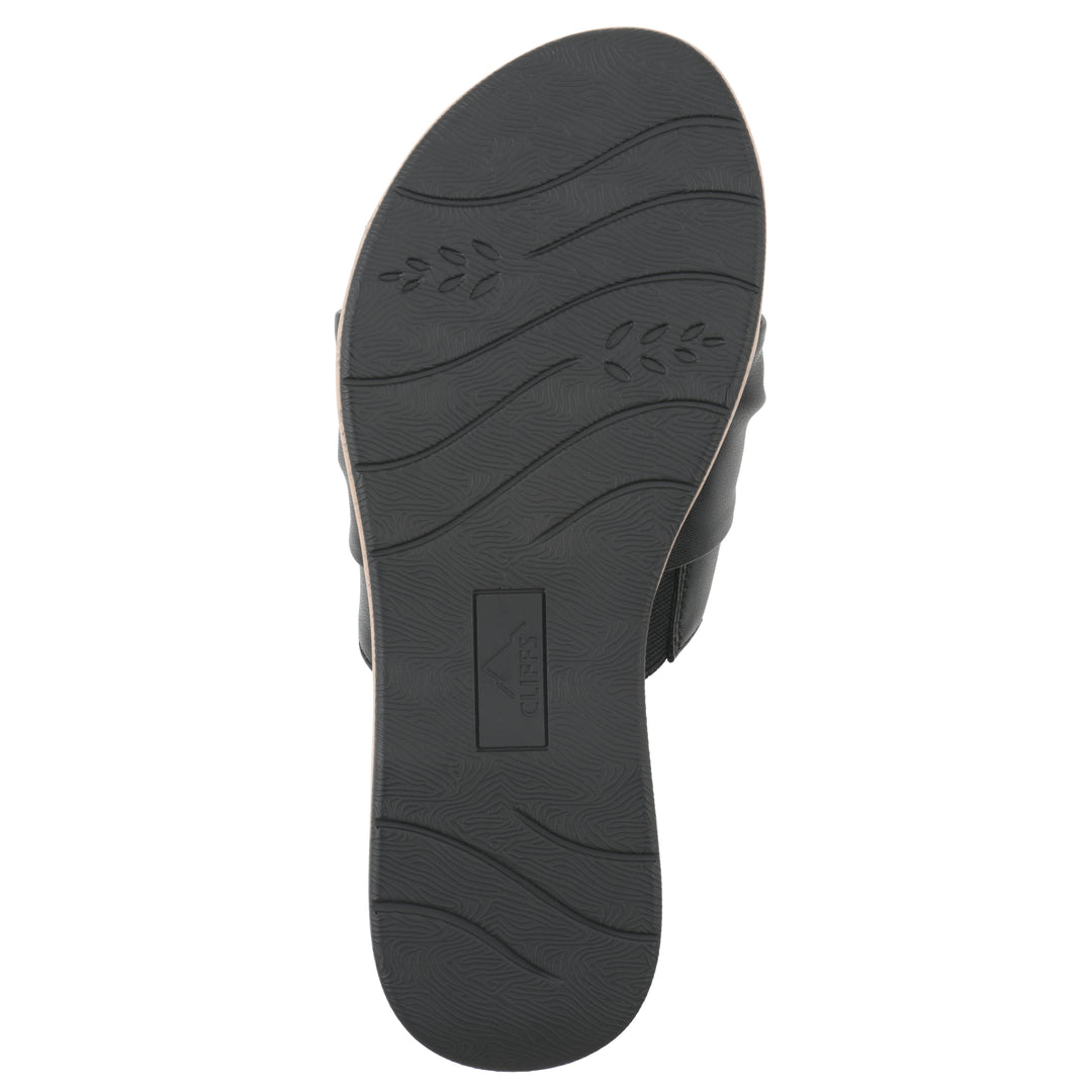 Sole view of a black faux leather sandal with centered twist, and cork-print sole design