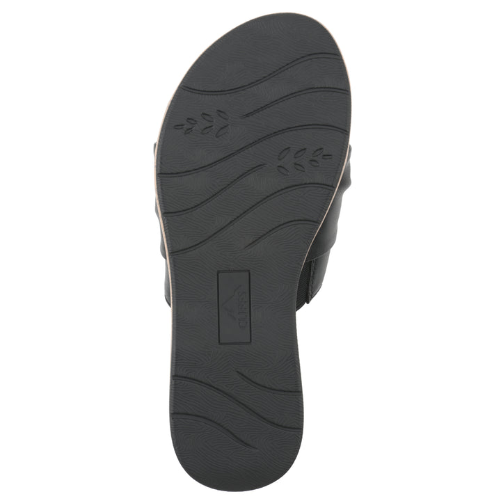 Sole view of a black faux leather sandal with centered twist, and cork-print sole design