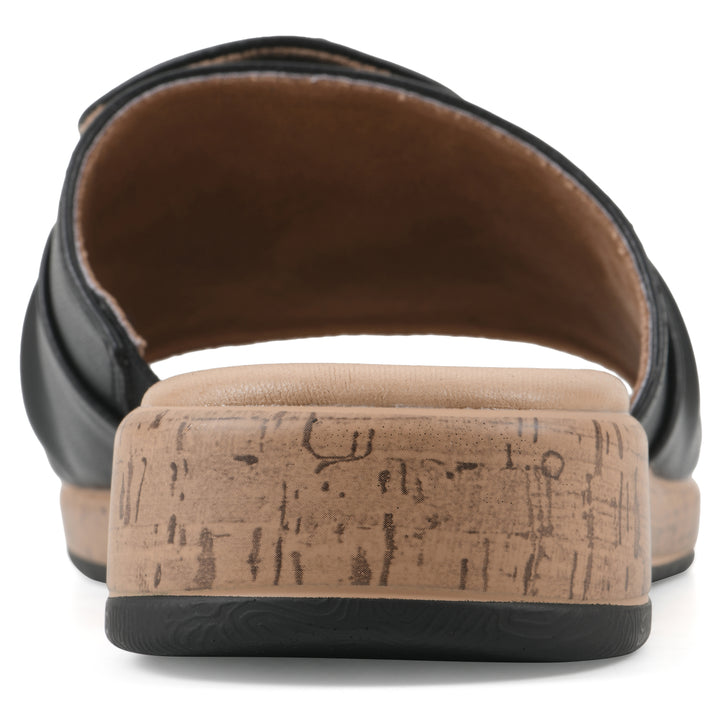 Rear view of a black faux leather sandal with centered twist, and cork-print sole design