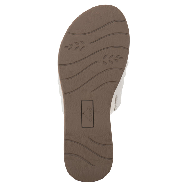 Sole view of a black faux leather sandal with centered twist, and cork-print sole design