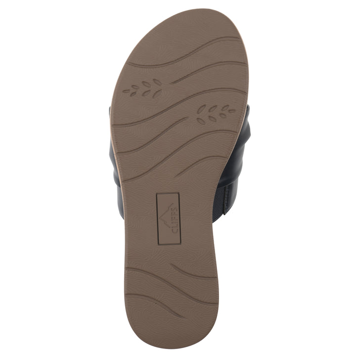 Sole view of a black faux leather sandal with centered twist, and cork-print sole design