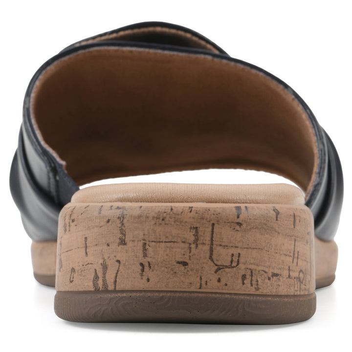 Rear view of a black faux leather sandal with centered twist, and cork-print sole design