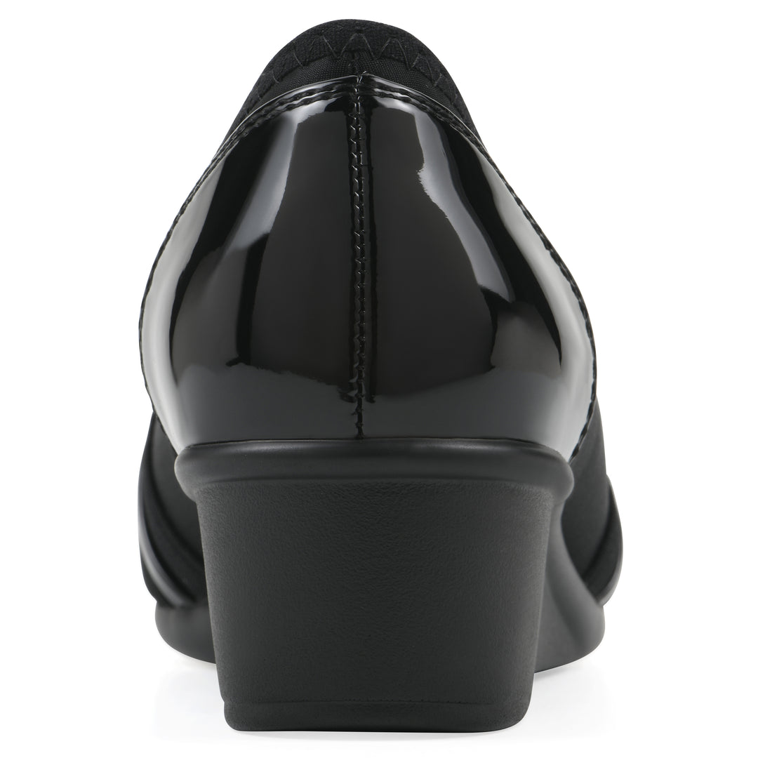 Rear view of slip-on black wedge with a peep toe