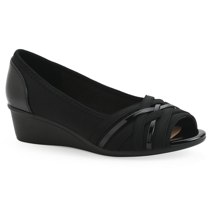 Angle view of slip-on black wedge with a peep toe