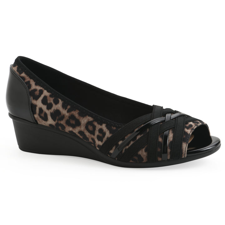 Angle view of slip-on leopard print wedge with a peep toe