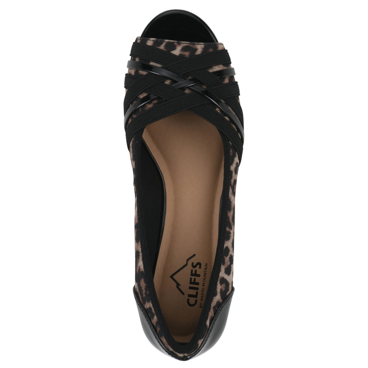 Top view of slip-on leopard print wedge with a peep toe