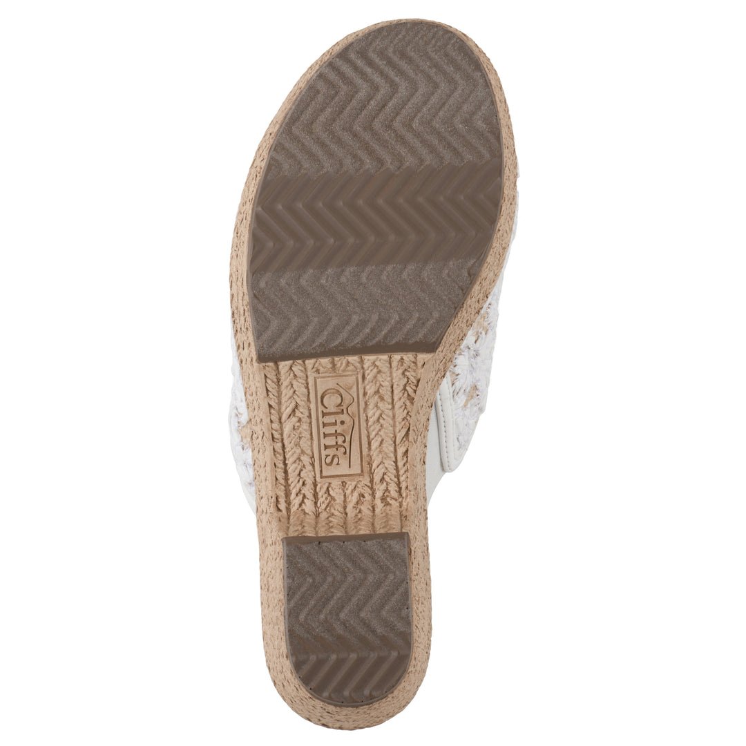 Sole view of a white and natural raffia embroidered fabric wedge sandal with a braided rope-style sole