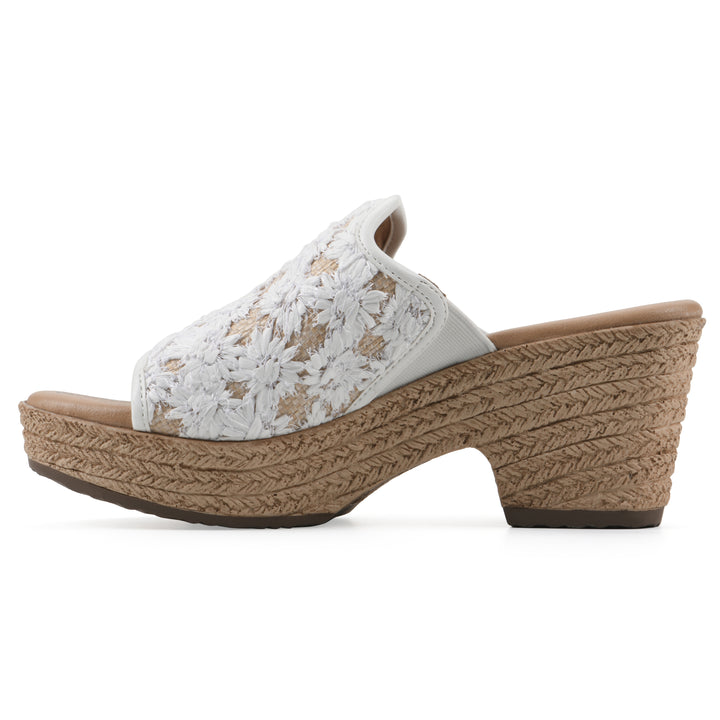 Side view of a white and natural raffia embroidered fabric wedge sandal with a braided rope-style sole