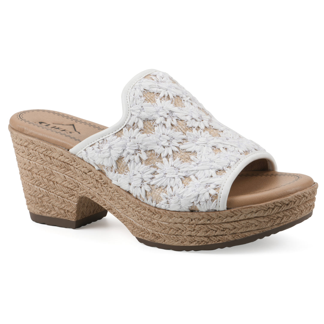 Angle view of a white and natural raffia embroidered fabric wedge sandal with a braided rope-style sole