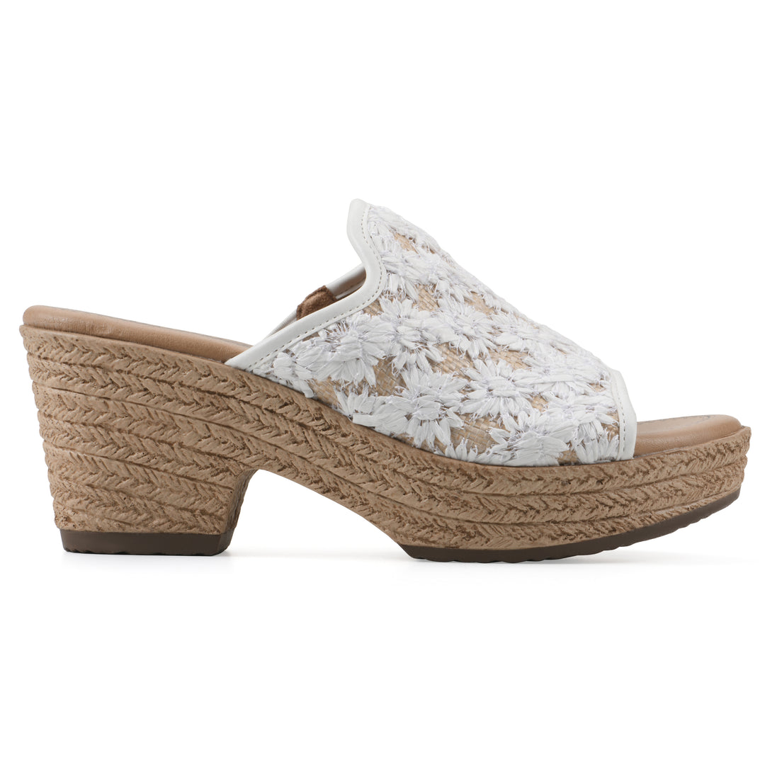 Side view of a white and natural raffia embroidered fabric wedge sandal with a braided rope-style sole