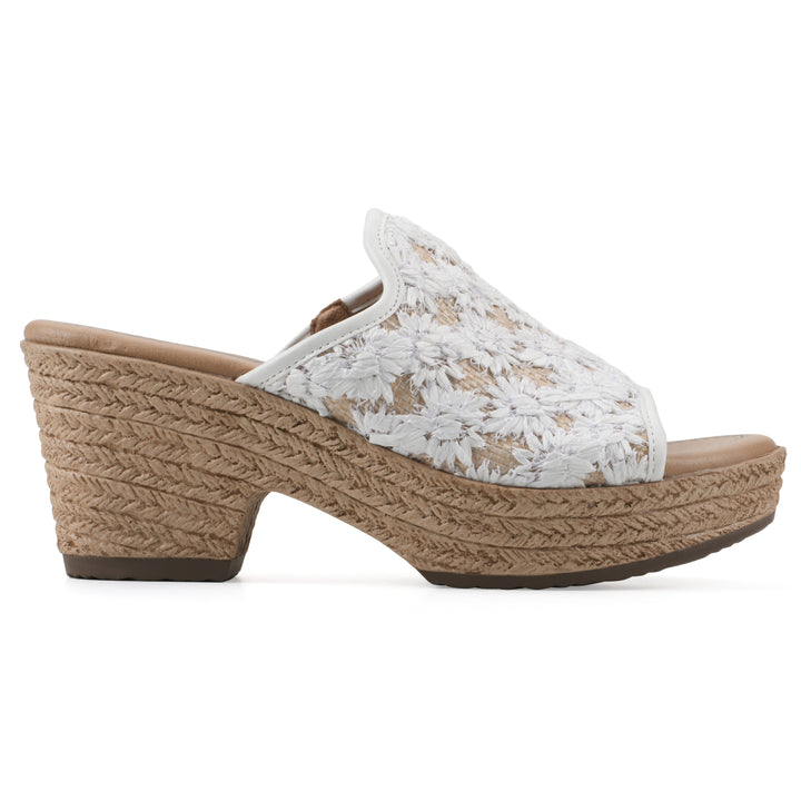 Side view of a white and natural raffia embroidered fabric wedge sandal with a braided rope-style sole