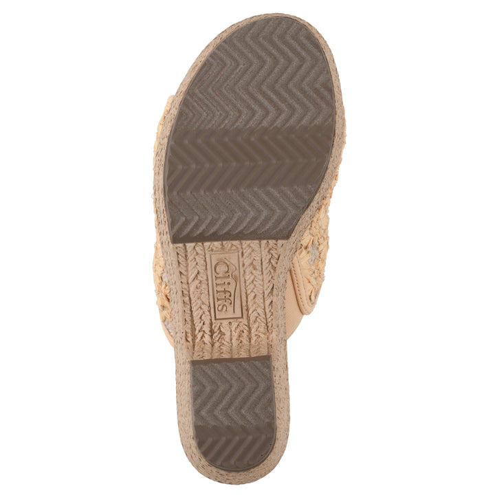 Sole view of a light mustard embroidered fabric wedge sandal with a braided rope-style sole