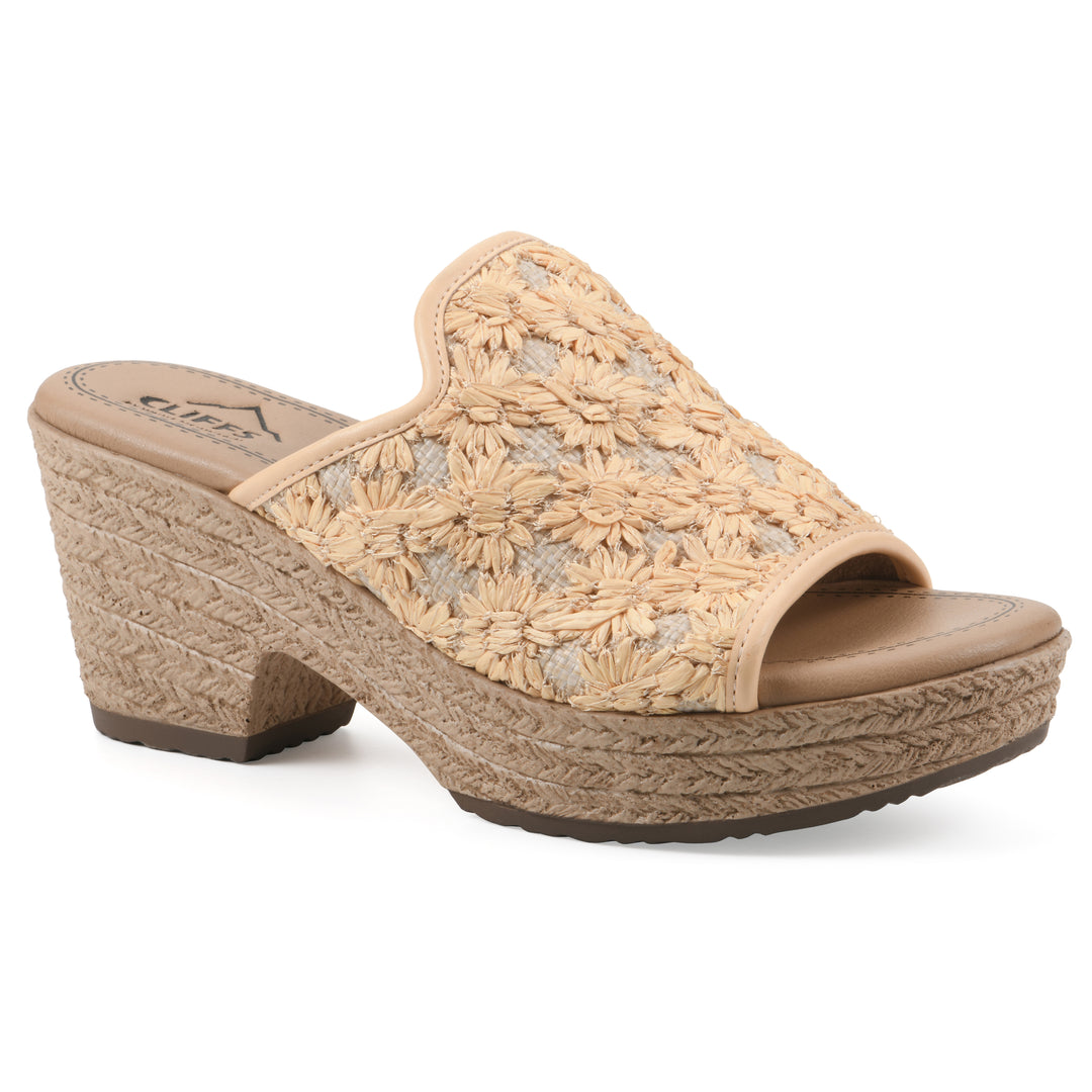 Angle view of a light mustard embroidered fabric wedge sandal with a braided rope-style sole