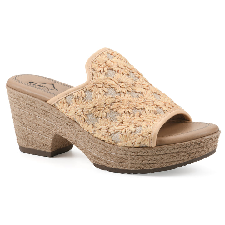Angle view of a light mustard embroidered fabric wedge sandal with a braided rope-style sole