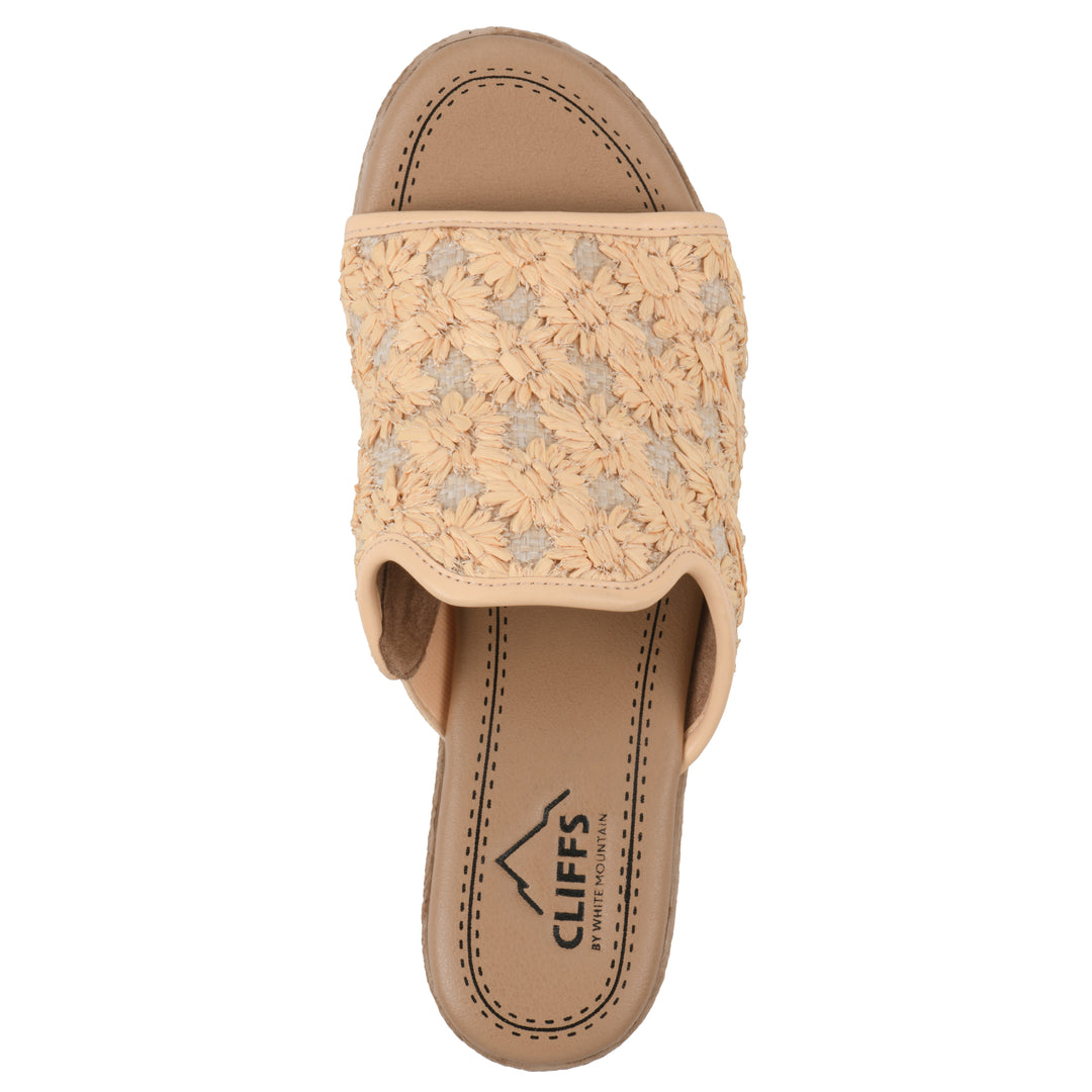 Top view of a light mustard embroidered fabric wedge sandal with a braided rope-style sole