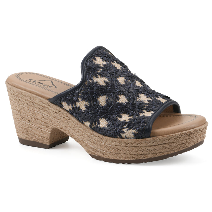 Angle view of a dark blue embroidered fabric wedge sandal with a braided rope-style sole